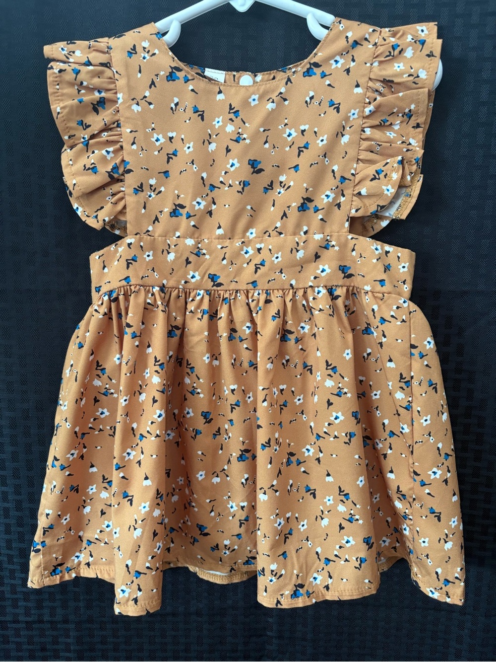 Girls' Mustard Floral Ruffle-Sleeve Casual Dress